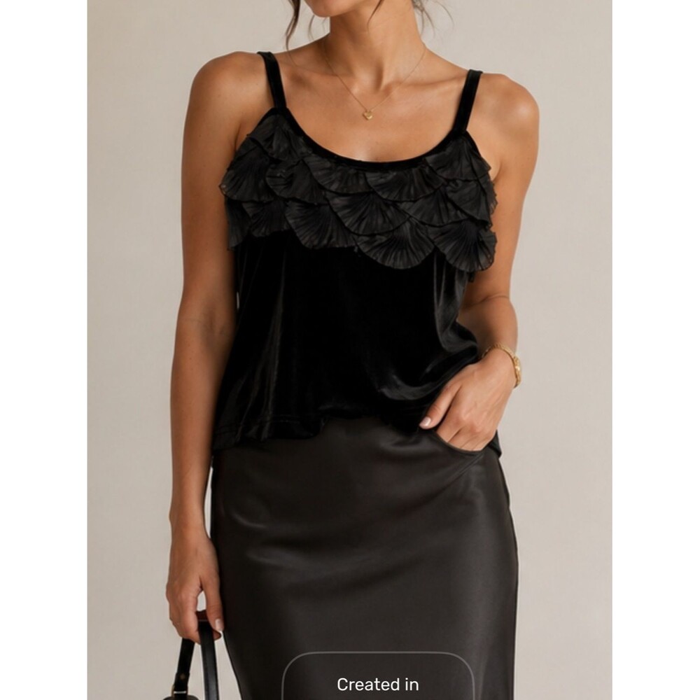 Collection Dressbarn Black Velvet Cropped Sleeveless Top Lace Detail M Mermaid